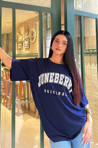 JUNEBERRY Printed, Graphic Print Women Round Neck Navy Blue T-Shirt