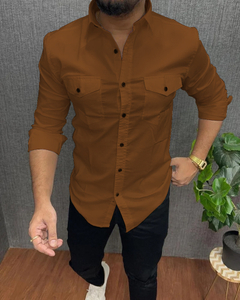 Qlonz Store Men Solid Casual Brown Shirt