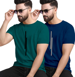 KAJARU Striped Men Round Neck Dark Green, Dark Blue T-Shirt