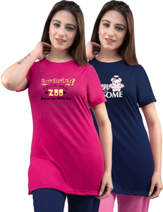 URBE Printed Women Round Neck Pink, Blue T-Shirt