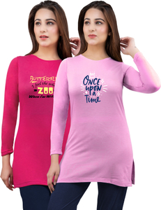 AMAHA Printed Women Round Neck Pink T-Shirt