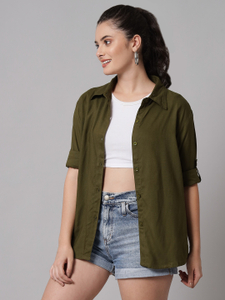 FUNDAY FASHION Women Solid Casual Green Shirt - Image 3
